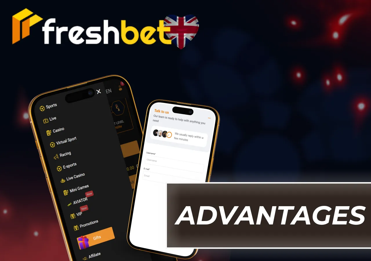Main advantages of FreshBet, such as game variety and accessible platform features.