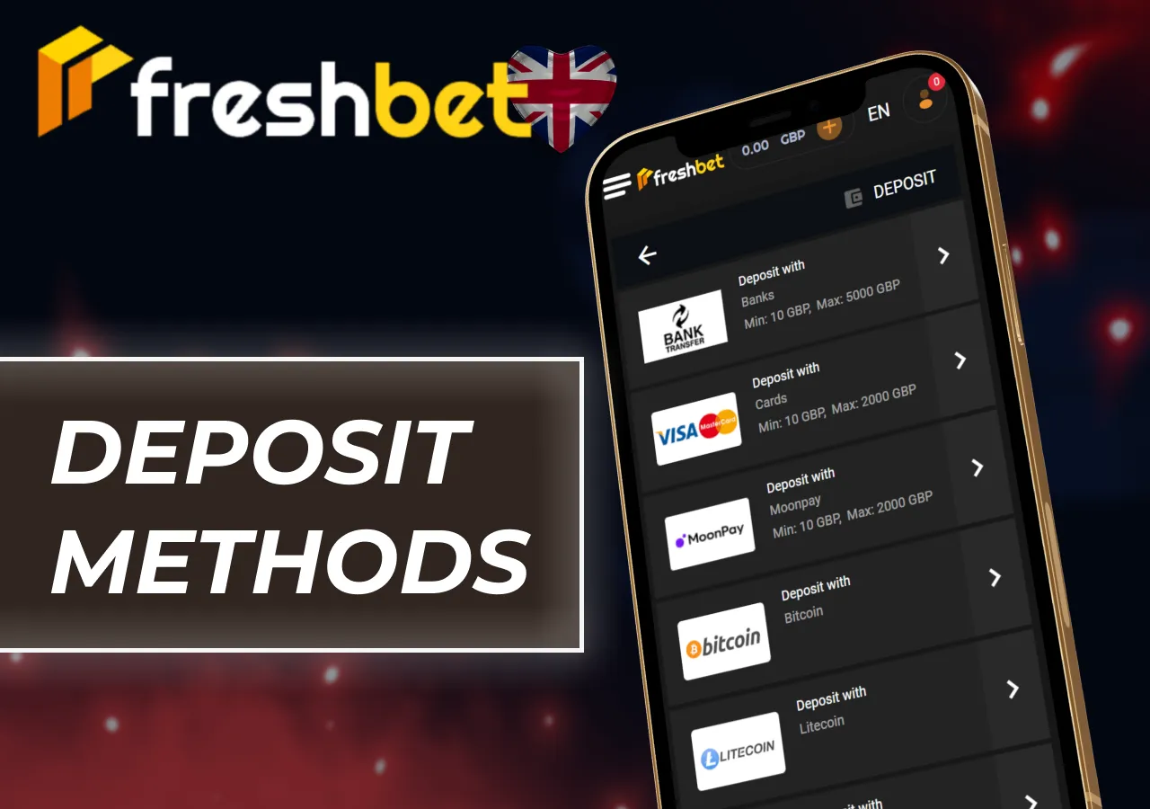 Deposit options in the FreshBet mobile app featuring fast and secure transfers.